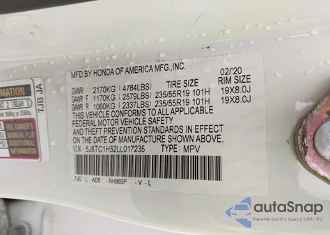 2020 Acura Rdx Technology Package z USA, uszkodzony, nr VIN 5J8TC1H52LL017235